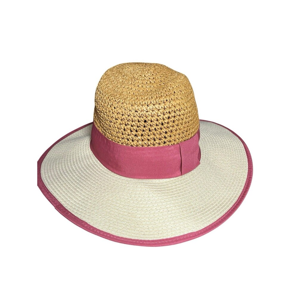 Halogen Pink Ribbon Straw Sun Hat Women's One Size Adjust Head Size Beach Boho
